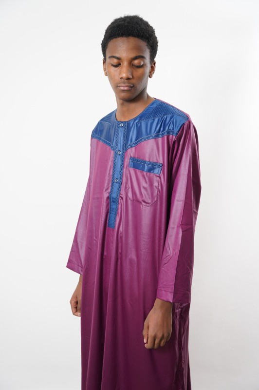 Qamis manches longues glacé bi-couleurs bordeaux/bleu